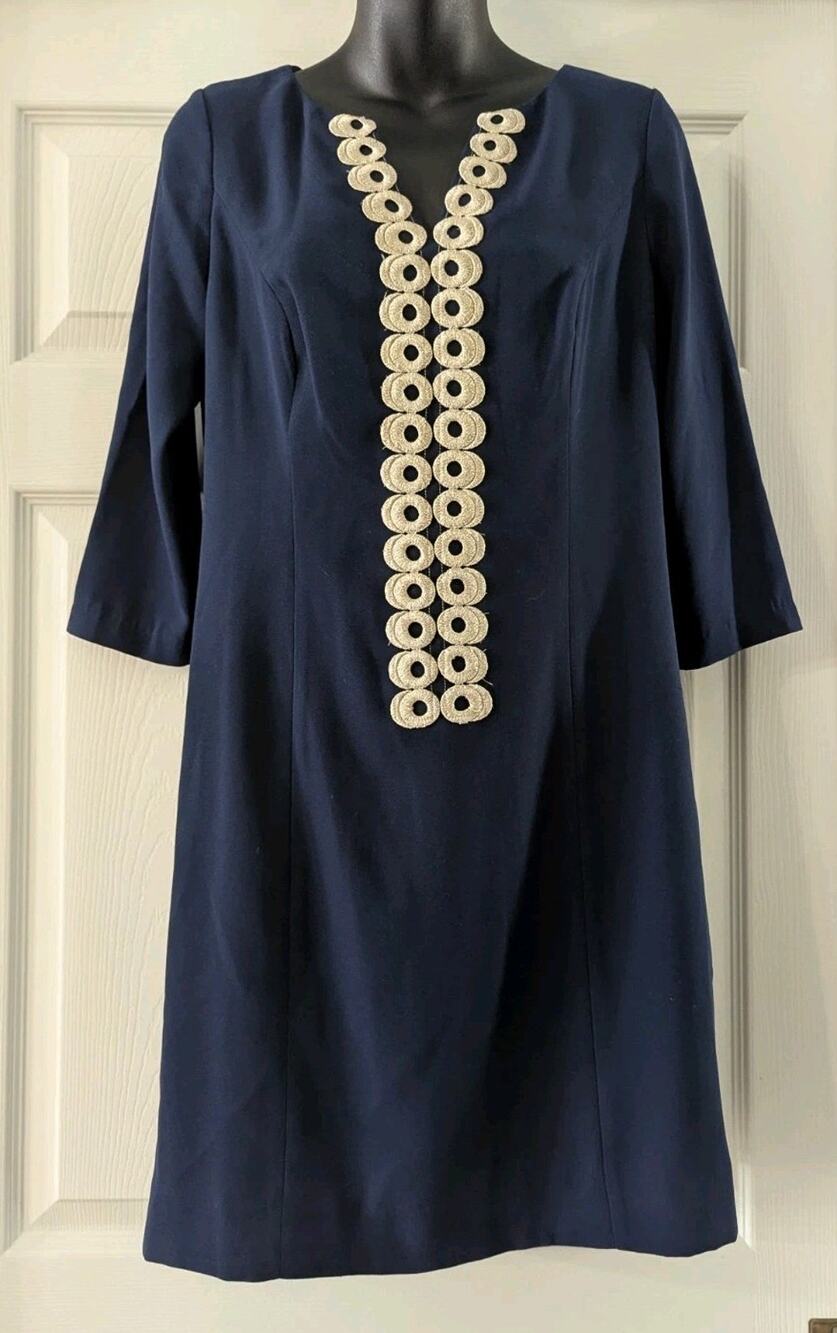 Lilly Pulitzer Shift Dress Navy Gold Embroidered Sz 8